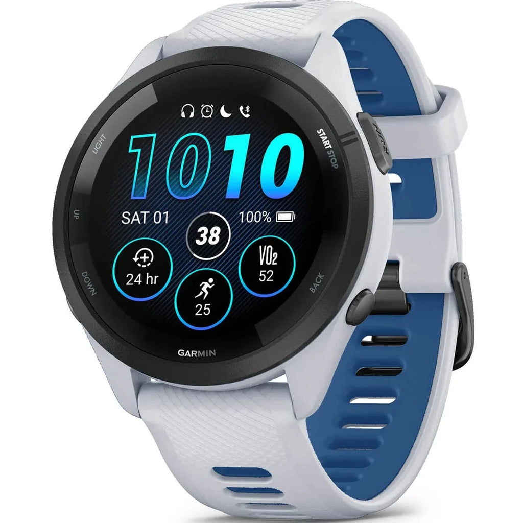 GARMIN Forerunner 265 – Smartwatch - Black Bezel with Whitestone Case and Whitestone/Tidal Blue Silicone Band