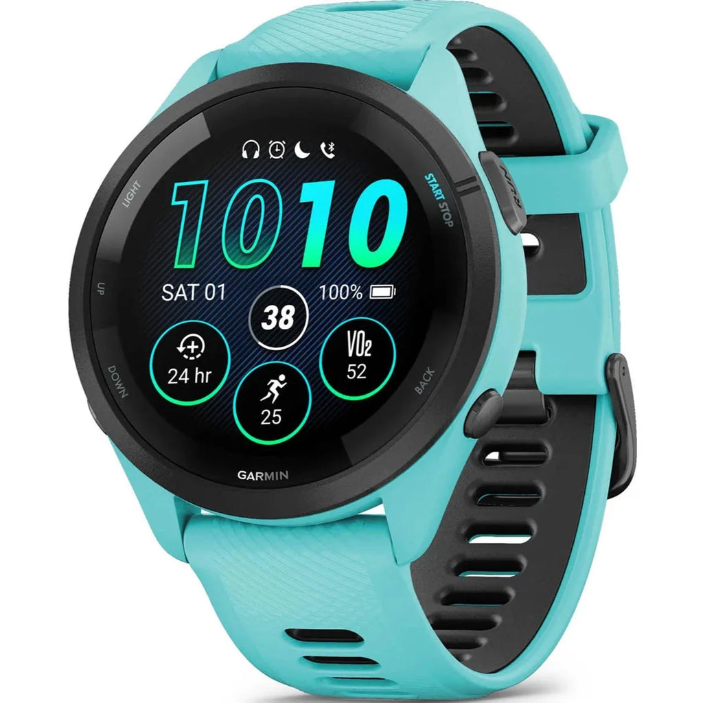 GARMIN Forerunner 265 – Smartwatch - Black Bezel with Aqua Case and Aqua/Black Silicone Band