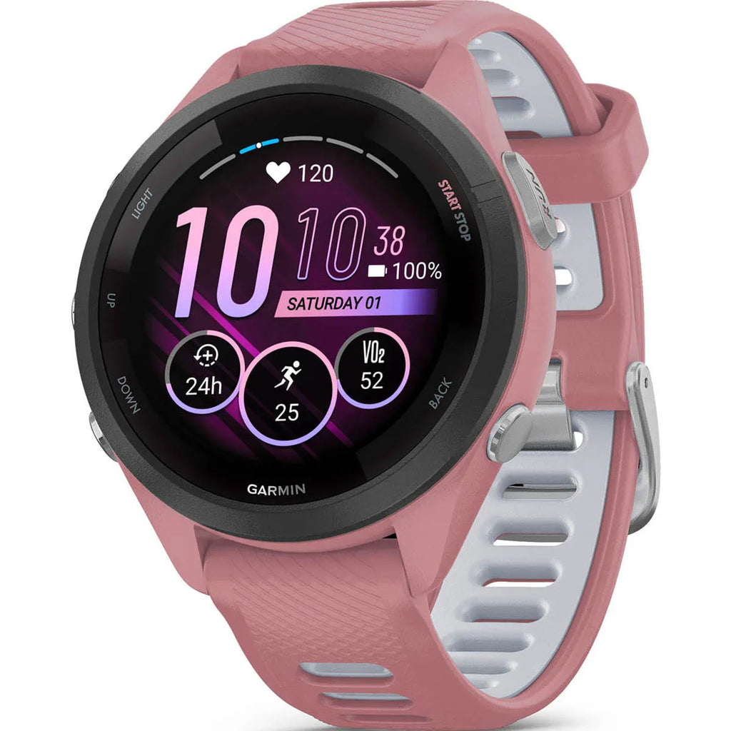 GARMIN Forerunner 265S – Smartwatch - Black Bezel with Light Pink Case and Light Pink/Powder Gray Silicone Band (Small)